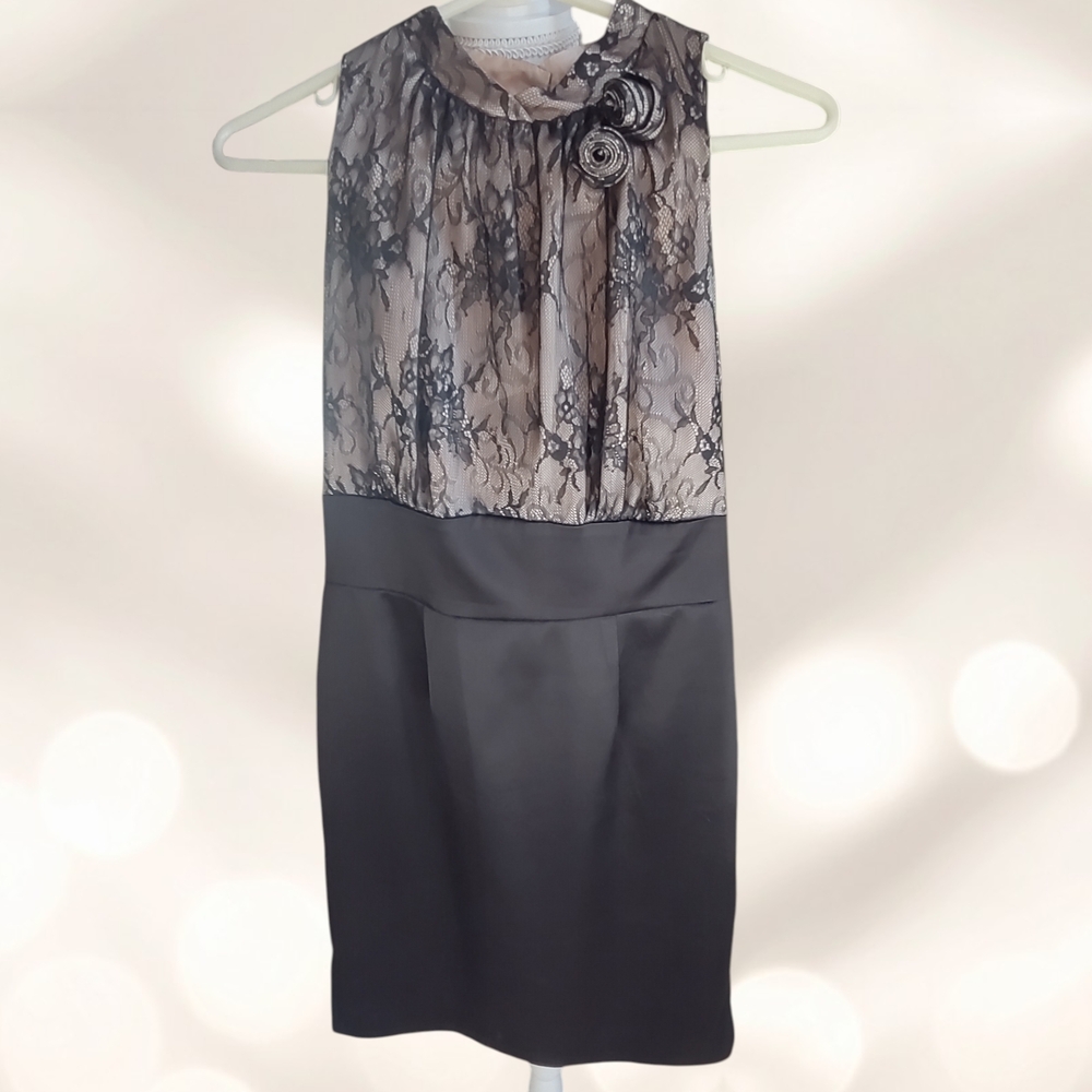 Allen B. by Allen Schwartz Black Lace-Overlay Satin Midi Dress